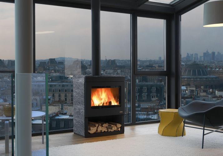 Stufa Legna ad aria 9 kw 70x50x95 vano aperto con, vista laterale che mostra profilo e dimensioni