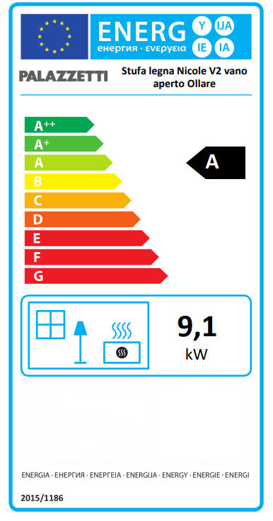 Schema tecnico di installazione di Stufa Legna ad aria 9 kw 70x50x95 vano aperto con con canna fumaria