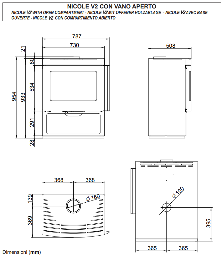 Stufa Legna ad aria 9 kw 70x50x95 vano aperto con accesa in soggiorno, fiamma visibile attraverso il vetro