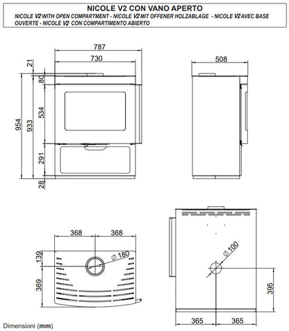 Stufa Legna ad aria 9 kw 70x50x95 vano aperto con rivestimento in pietra ollare Palazzetti Nicole