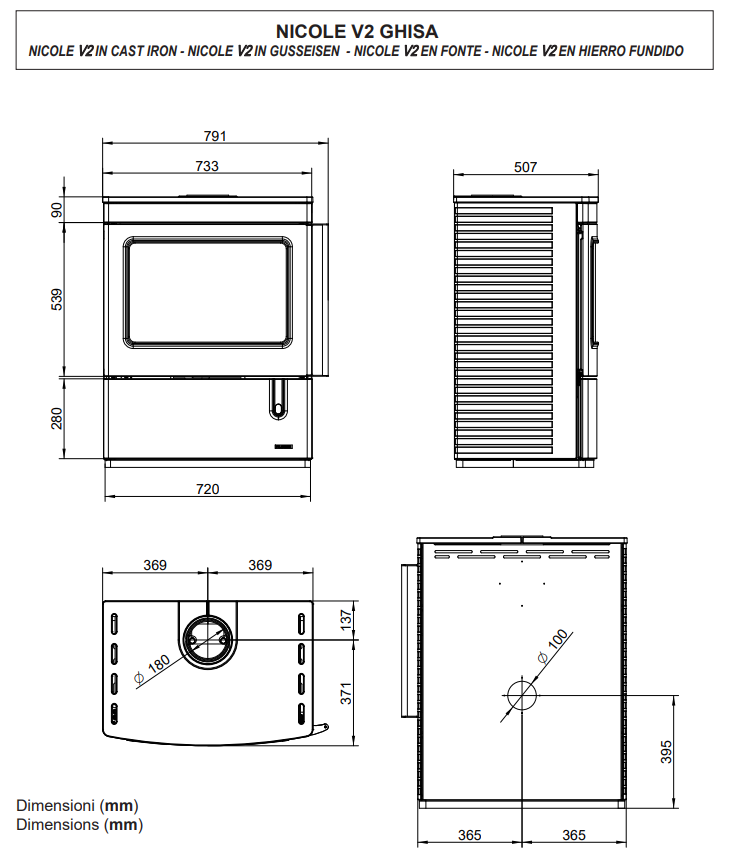Palazzetti Nicole V2 Stufa A Legna ad aria 9 kw, vista laterale che mostra profilo e dimensioni