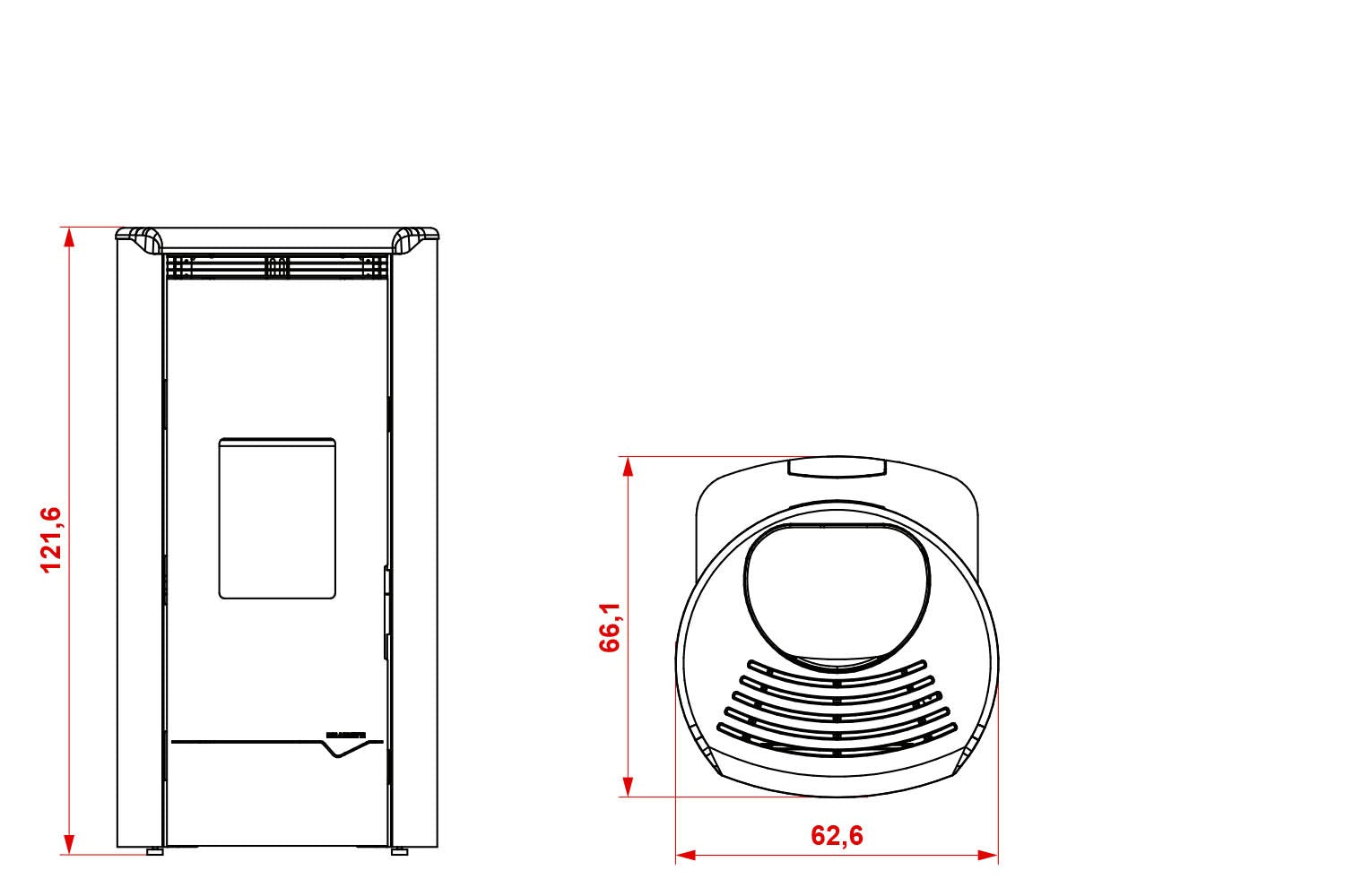 Stufa A Pellet ecofire ad acqua e aria 14kw Con Top In, vista laterale che mostra profilo e dimensioni
