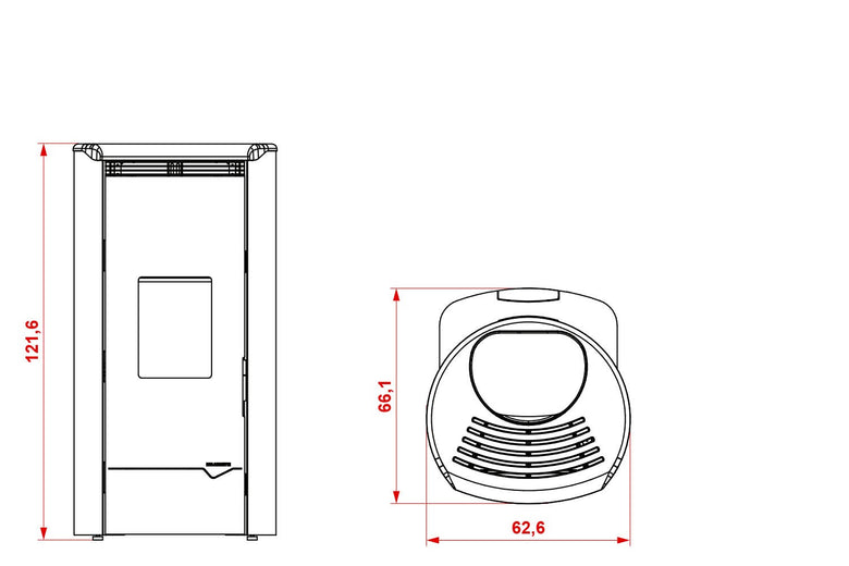 Stufa A Pellet ecofire ad acqua e aria 14kw Con Top In, vista laterale che mostra profilo e dimensioni