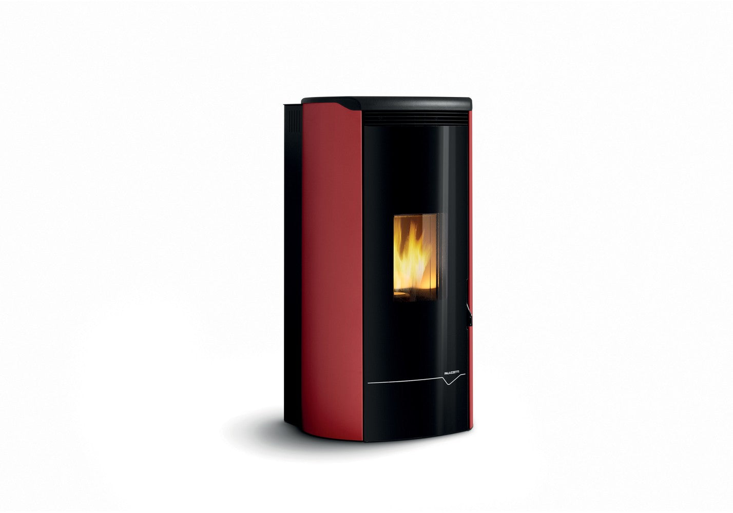 Stufa A Pellet ecofire ad acqua e aria 14kw Con Top In in ghisa accesa in soggiorno, fiamma visibile attraverso il vetro