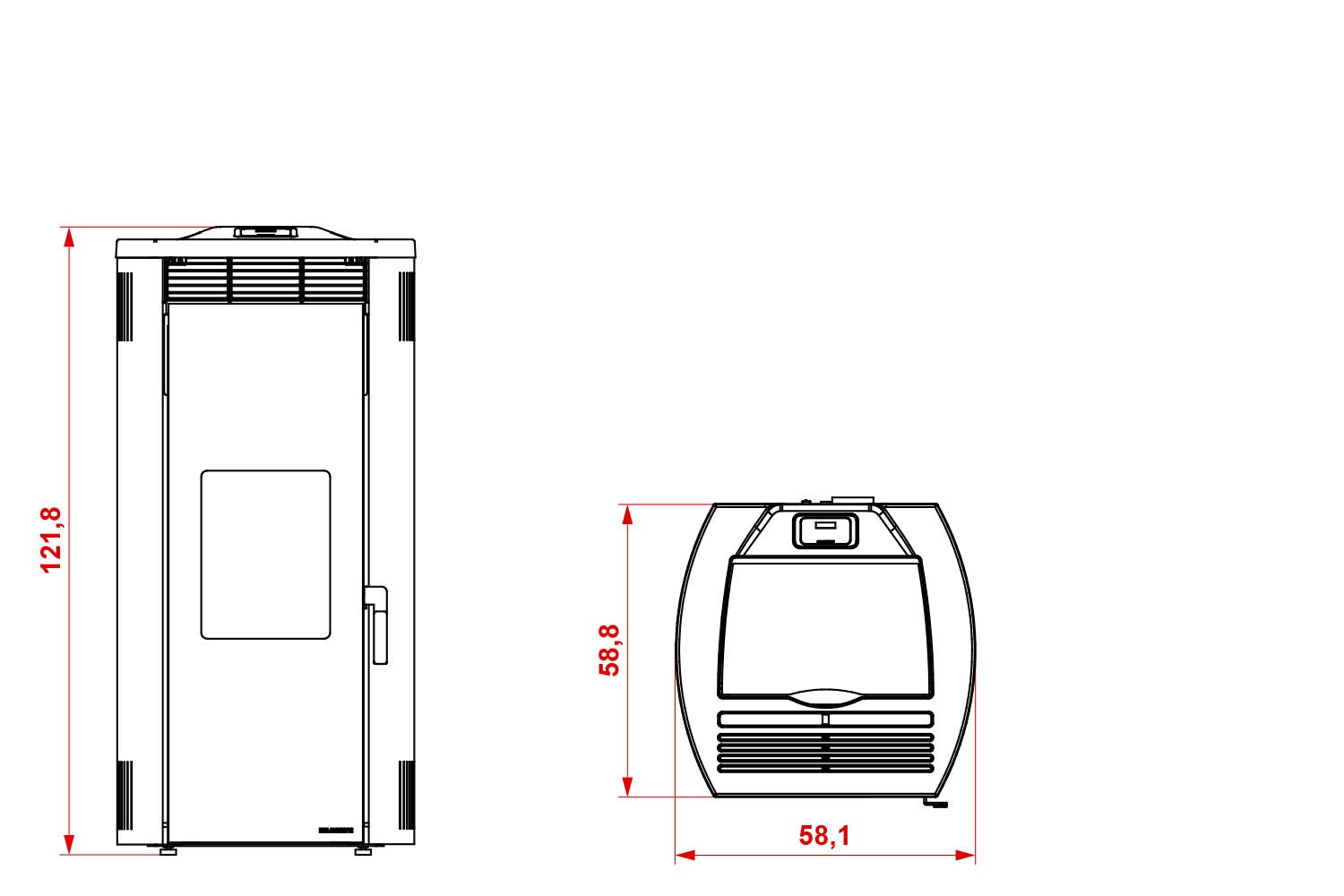 Palazzetti Giorgia 9 Ecofire Stufa A Pellet Ad Aria 9kw Con, vista laterale che mostra profilo e dimensioni