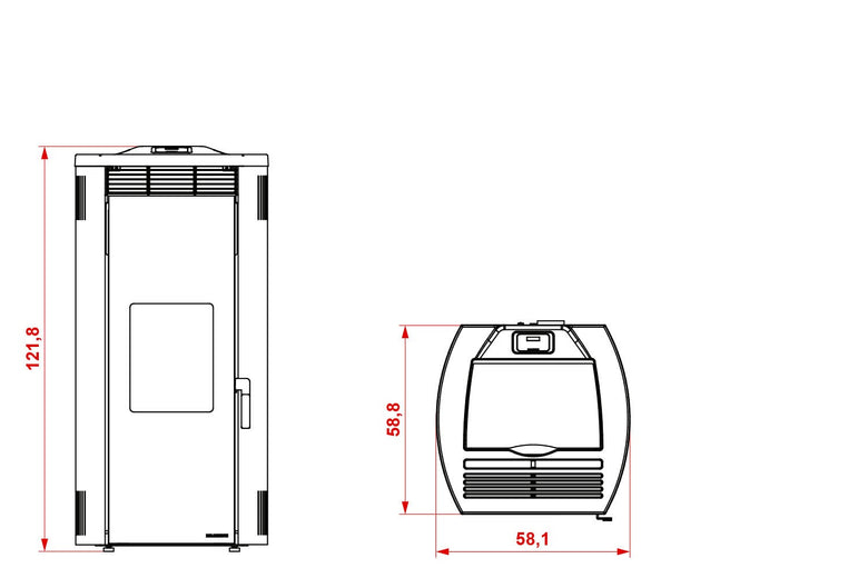 Stufa A Pellet Ad Aria 12kw Con Top In Ghisa e Rivestimento, vista laterale che mostra profilo e dimensioni