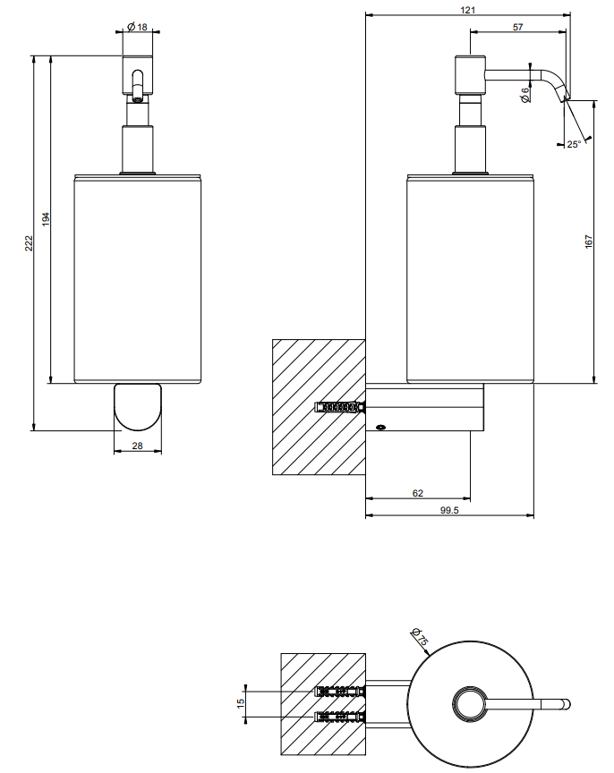 Dispenser portasapone a parete nero opaco rilievo Gessi Matte Black, dettaglio ravvicinato del materiale e dell'aggancio