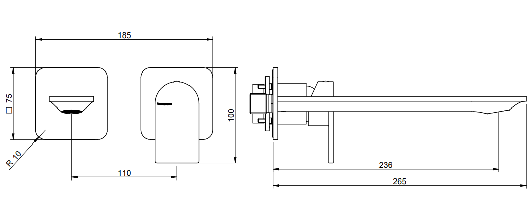 Treemme Ran miscelatore lavabo a muro 236mm senza parte, vista laterale del profilo e della forma - Rubinetterie Treemme
