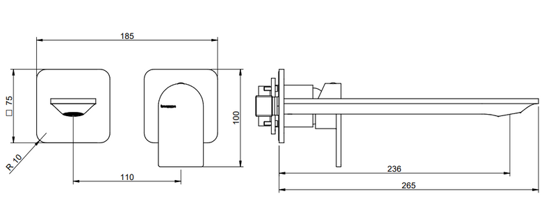 Treemme Ran miscelatore lavabo a muro 236mm senza parte, vista laterale del profilo e della forma - Rubinetterie Treemme