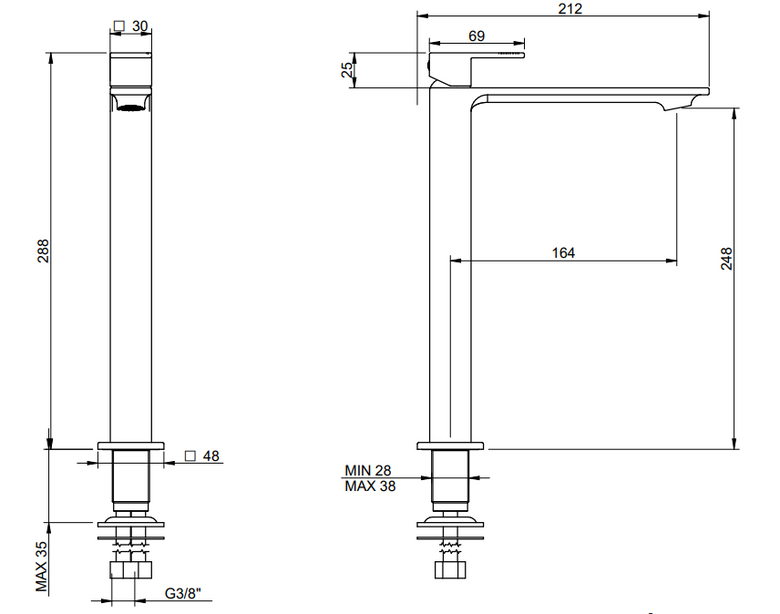 Treemme Q30 miscelatore monocomando lavabo alto 248mm in Cromo Lucido, vista laterale del profilo e della forma...