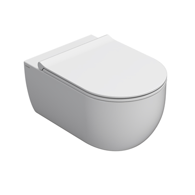 Globo Mode Vaso Sospeso Senza Brida senza sedile in in ceramica e lucido ambientato su piano bagno con accessori...