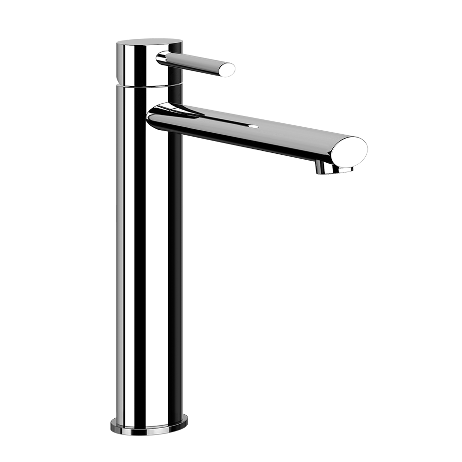 Gessi Ovale Miscelatore lavabo alto Monocomando con piletta ambientato su piano bagno con accessori