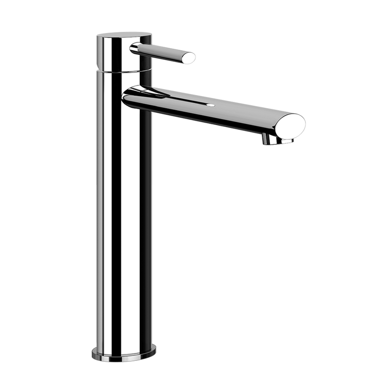 Gessi Ovale Miscelatore lavabo alto Monocomando con piletta ambientato su piano bagno con accessori