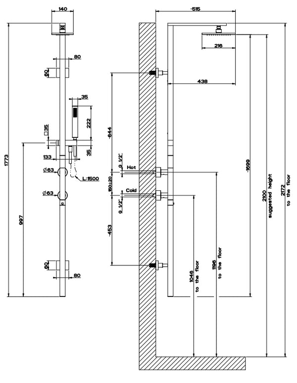 Miscelatore Termostatico a muro con soffione deviatore flessibile 150 cm e doccetta anticalcare Cromo Rettangolo Shower 23405 Gessi