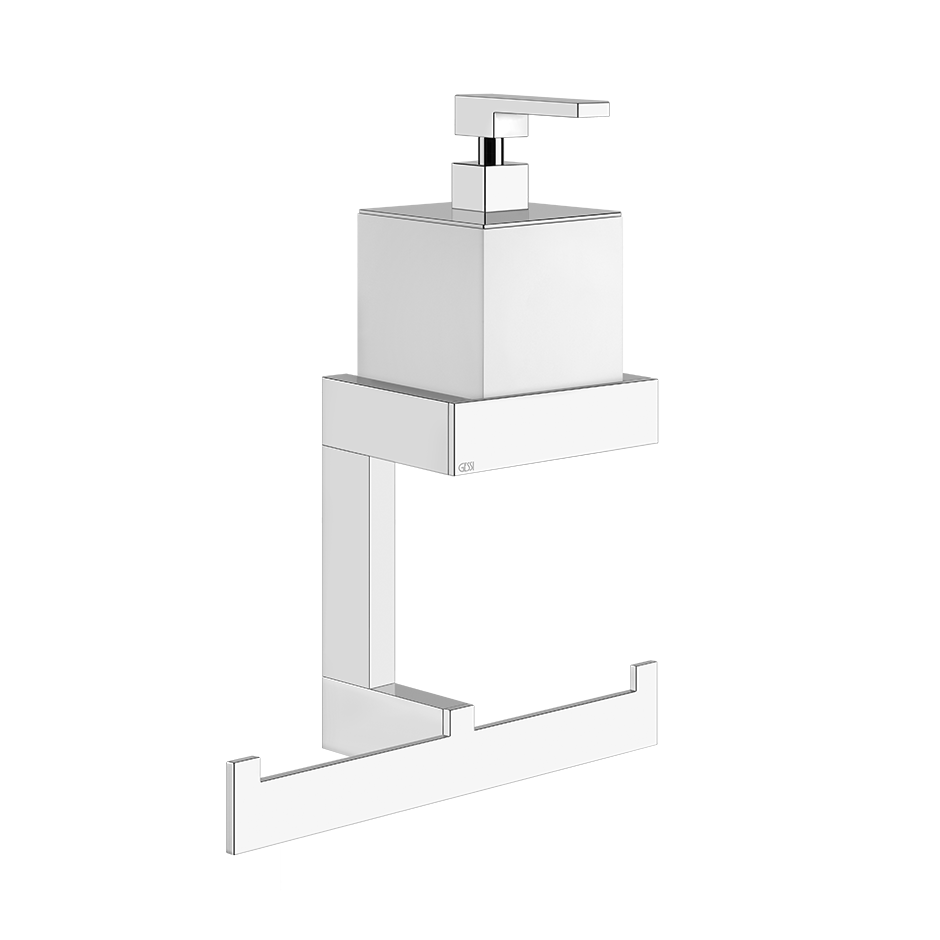 Porta sapone liquido con porta salviette Bianco Cromo Cromo Lucido montato a parete, vista del design e della finitura