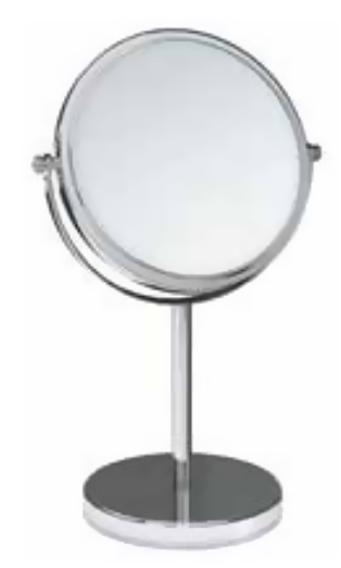Industrias Cosmic Specchio 5x Ingranditore Da appoggio Cromo ambientato in bagno moderno con specchio e accessori
