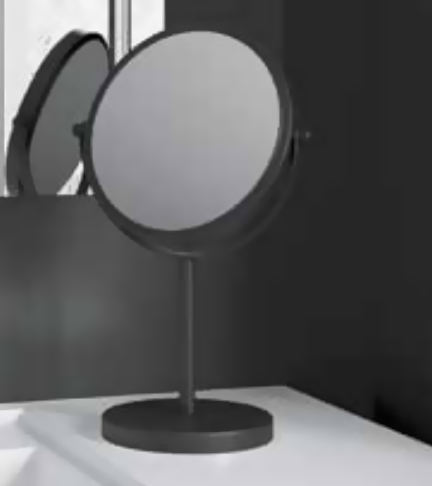 Industrias Cosmic Specchio 5x Ingranditore Da appoggio Nero Nero Satinato ambientato in bagno moderno con specchio e...