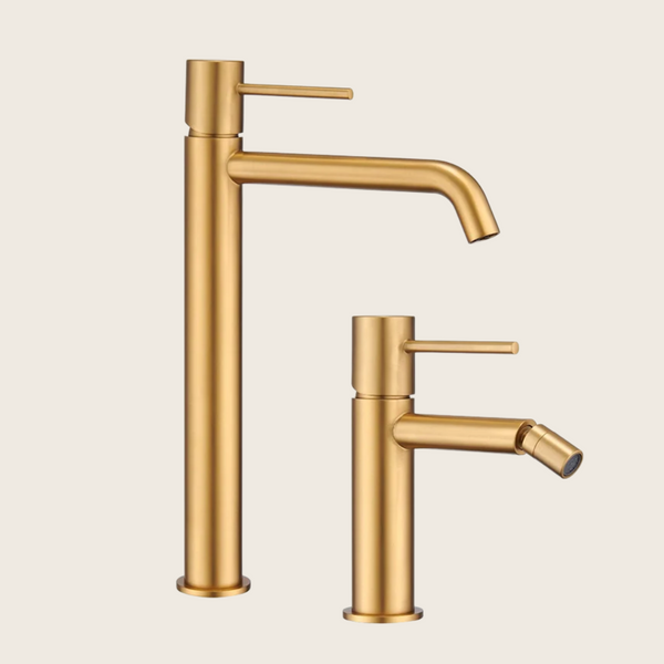 Coppia rubinetti lavabo alto e bidet senza scarico oro spazzolato Memo
