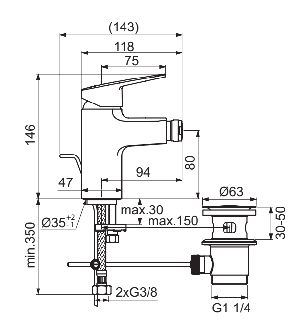 Ideal Standard Ceraplan Miscelatore Bidet Monocomando Cromo, vista frontale della maniglia e della bocca di erogazione