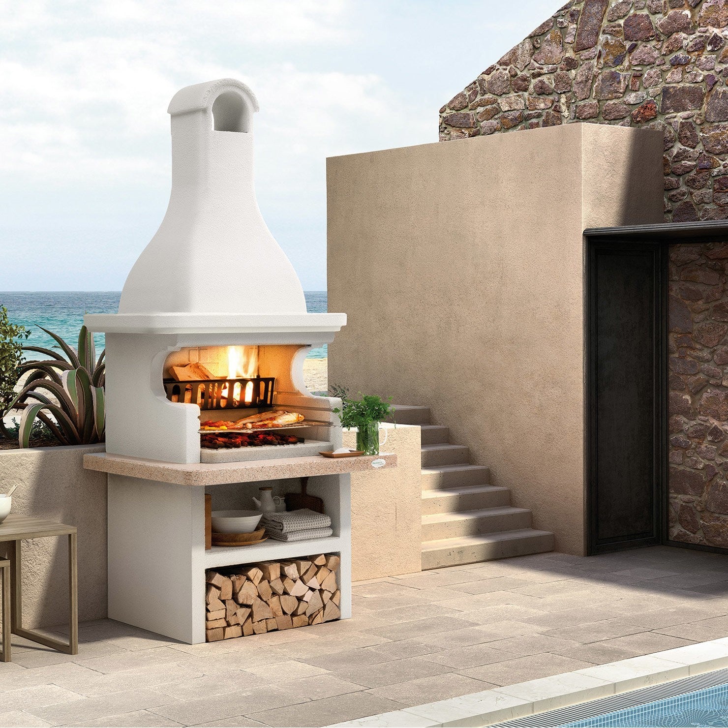 Palazzetti Andros 3 barbecue a legna o carbonella grezzo e accesa in soggiorno, fiamma visibile attraverso il vetro