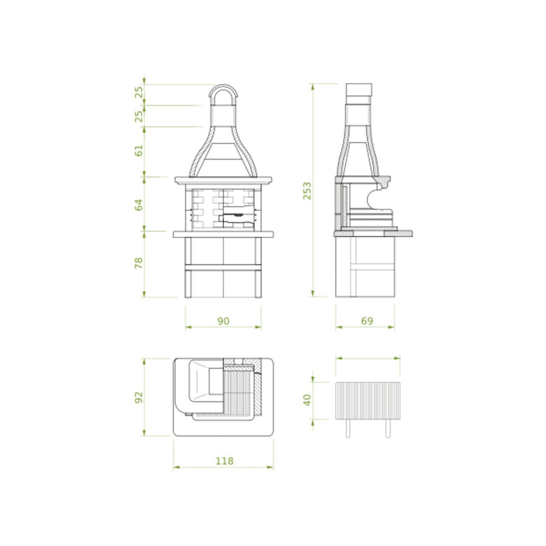 Schema tecnico di installazione di Palazzetti Andros 3 barbecue a legna o carbonella grezzo e con canna fumaria