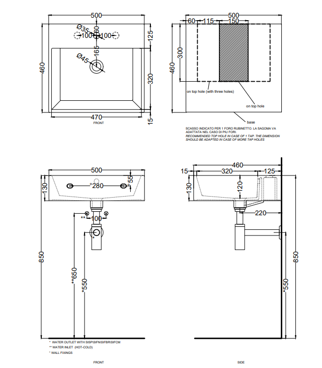 Cielo Smile Lavabo monoforo 50x46 sospeso o da appoggio con, vista frontale su sfondo bianco