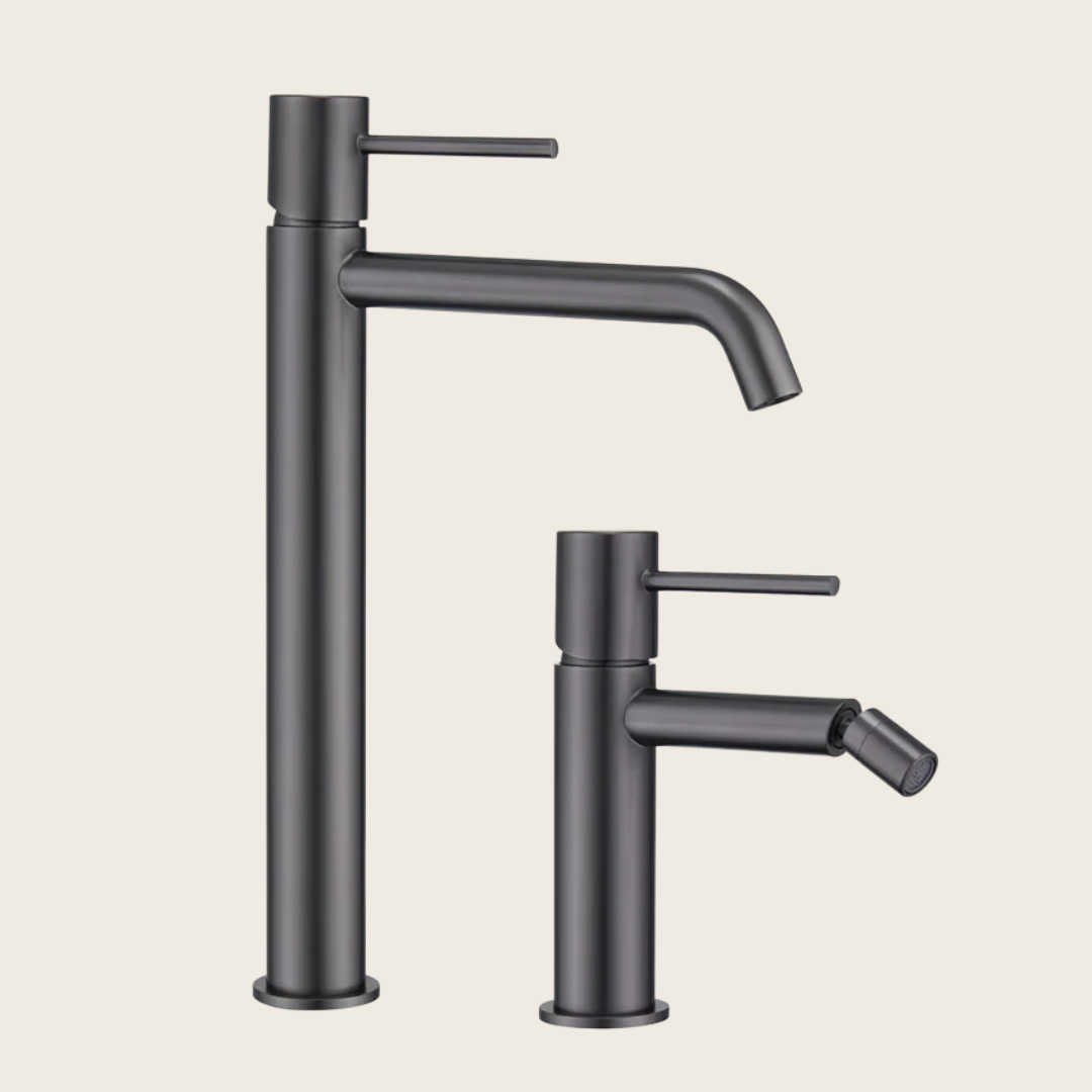 Coppia rubinetti lavabo alto e bidet senza scarico nero canna di fucile Memo