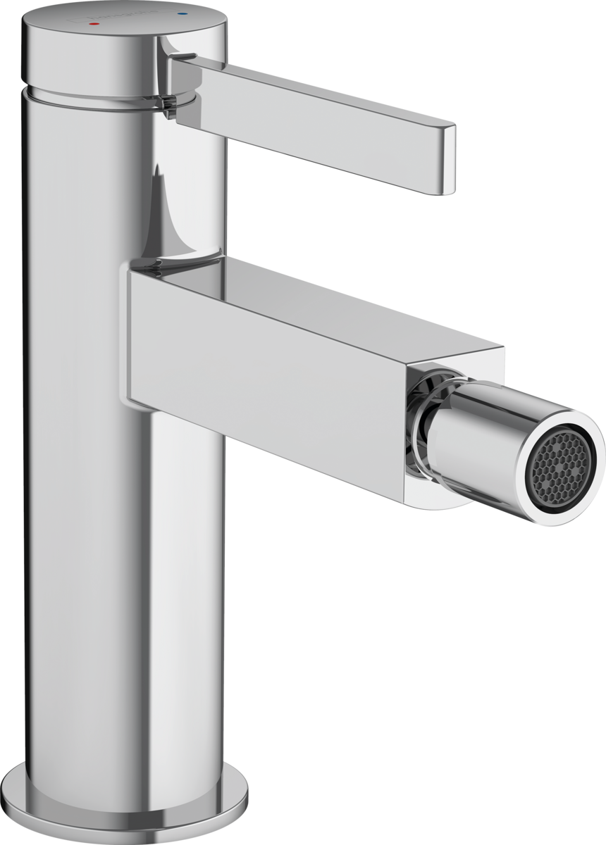 Hansgrohe Finoris Miscelatore bidet con piletta push open, dettaglio ravvicinato della finitura e del marchio