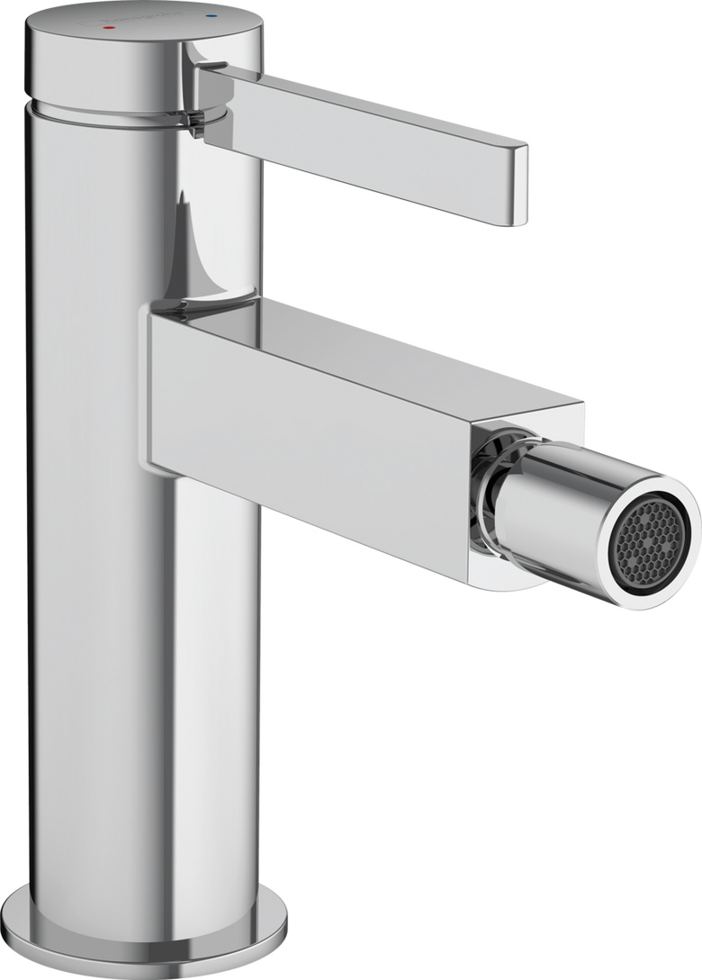 Hansgrohe Finoris Miscelatore bidet con piletta push open, dettaglio ravvicinato della finitura e del marchio