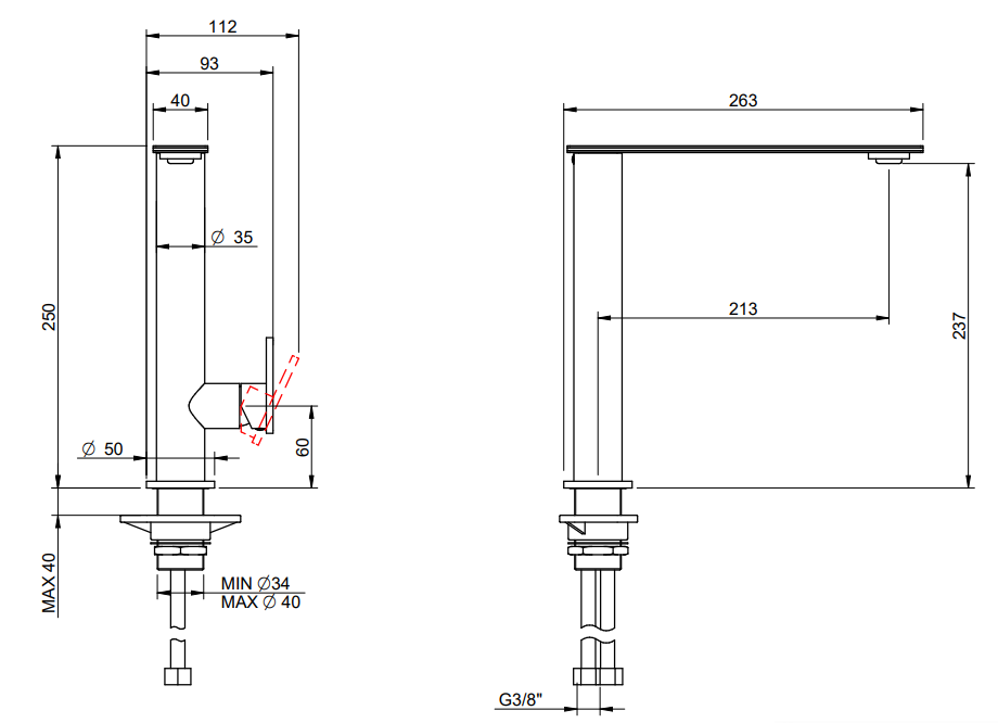 Disegno tecnico con quote di Treemme 5mm IT2831IS5PZZ miscelatore lavello cucina dritto - Rubinetterie Treemme