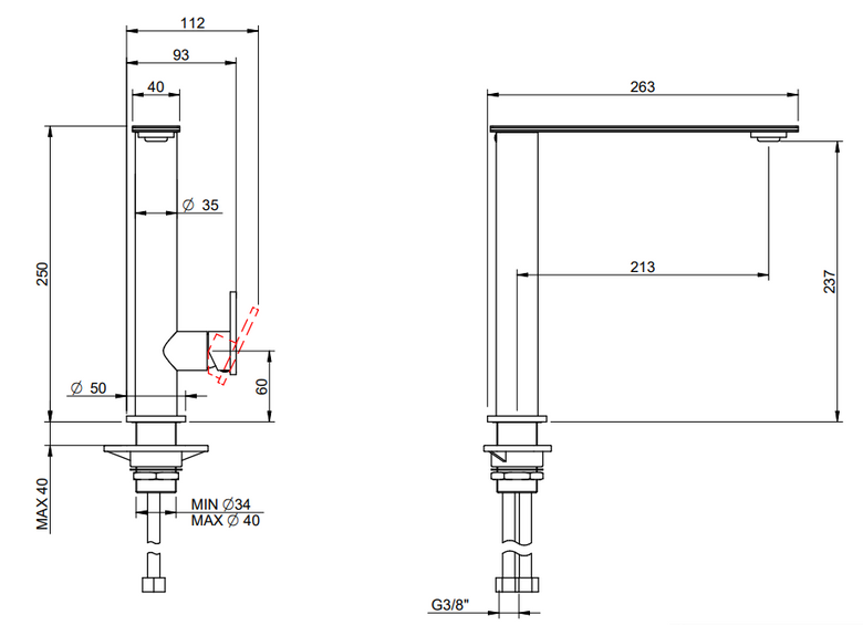 Disegno tecnico con quote di Treemme 5mm IT2831IS5PZZ miscelatore lavello cucina dritto - Rubinetterie Treemme