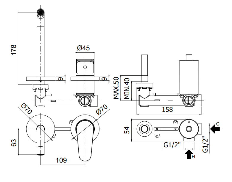 Paffoni Green Gr105cr70 Miscelatore lavabo Incasso bocca, vista laterale del profilo e della forma