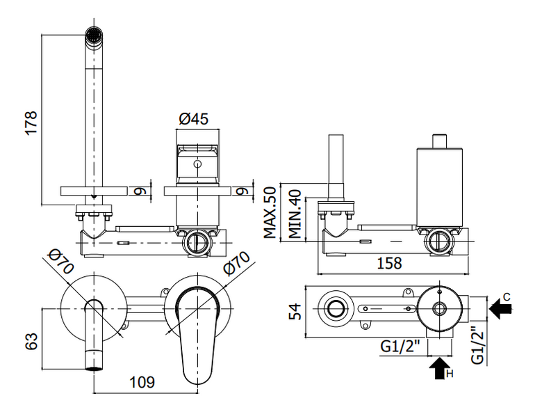 Paffoni Green Gr106cr70 Miscelatore Lavabo Incasso 2 Fori, vista laterale del profilo e della forma