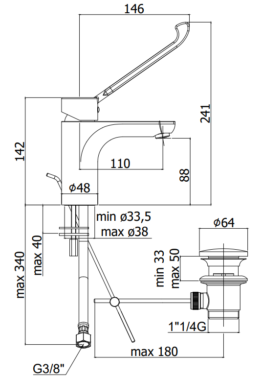 Paffoni Green Gr305 Miscelatore Lavabo Con Leva Clinica E, vista laterale del profilo e della forma