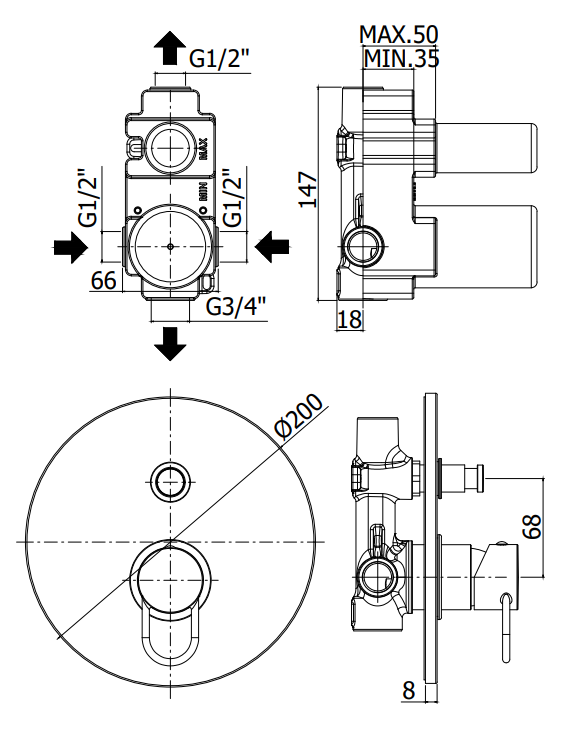 Paffoni Joker Jk015 Miscelatore doccia incasso tondo Nero, componenti inclusi smontati: corpo incasso, placca e rosone