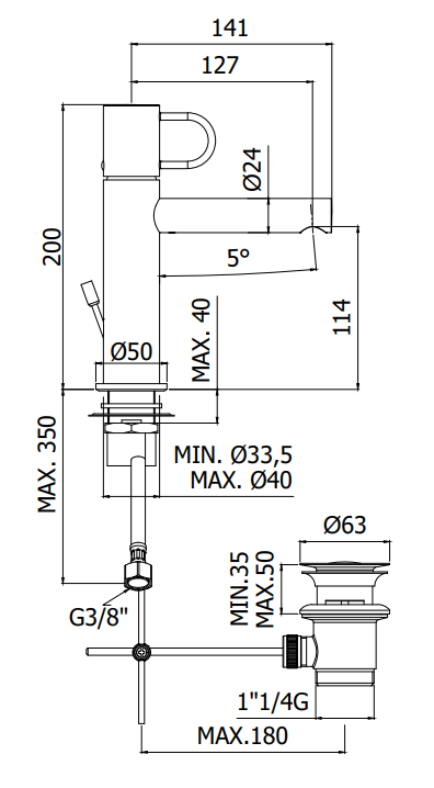Paffoni Joker Jk075k Miscelatore Lavabo Con Scarico, vista laterale del profilo e della forma