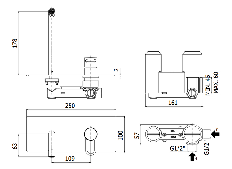 Paffoni Joker Jk104 Miscelatore lavabo Incasso 2 Fori cromo, vista laterale del profilo e della forma