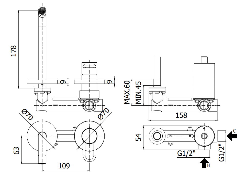 Paffoni Joker Jk104no70 Miscelatore lavabo Incasso 2 Fori, vista laterale del profilo e della forma