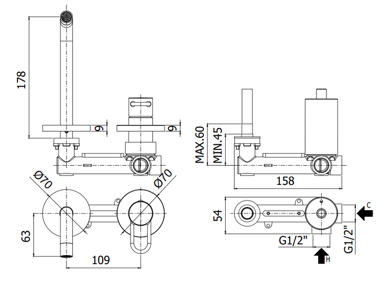 Paffoni Joker Jk104no70 Miscelatore lavabo Incasso 2 Fori, vista laterale del profilo e della forma