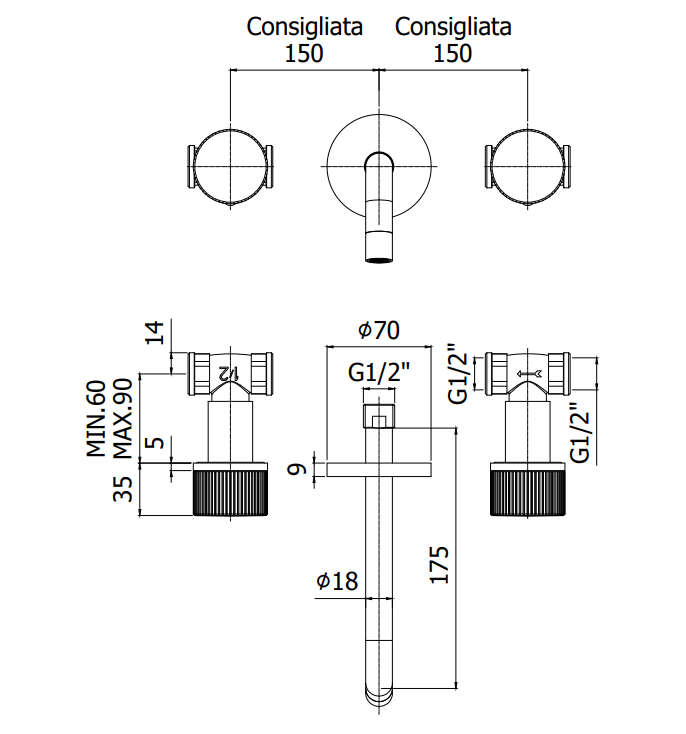 Paffoni Jo Jo003no Batteria Lavabo Incasso Con Bocca Mm 175, vista laterale del profilo e della forma