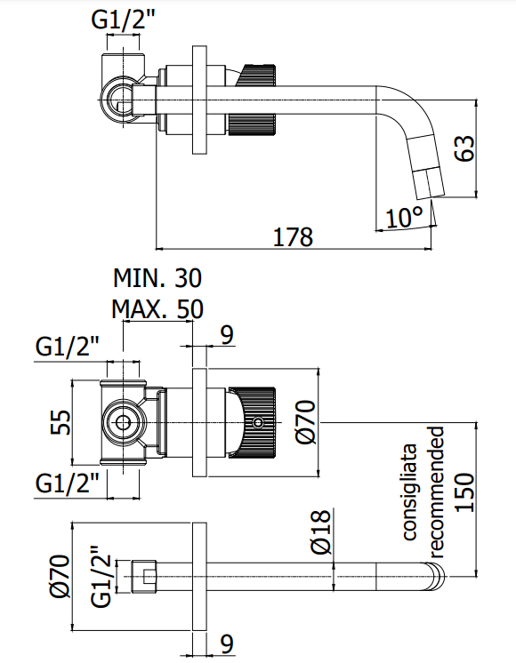 Paffoni Jo Jo007no70 Miscelatore Lavabo Ad Incasso Nero, vista laterale del profilo e della forma