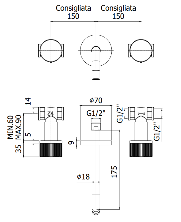 Paffoni Jo Jo008cr Batteria Lavabo Incasso Con Bocca Mm 245, vista laterale del profilo e della forma