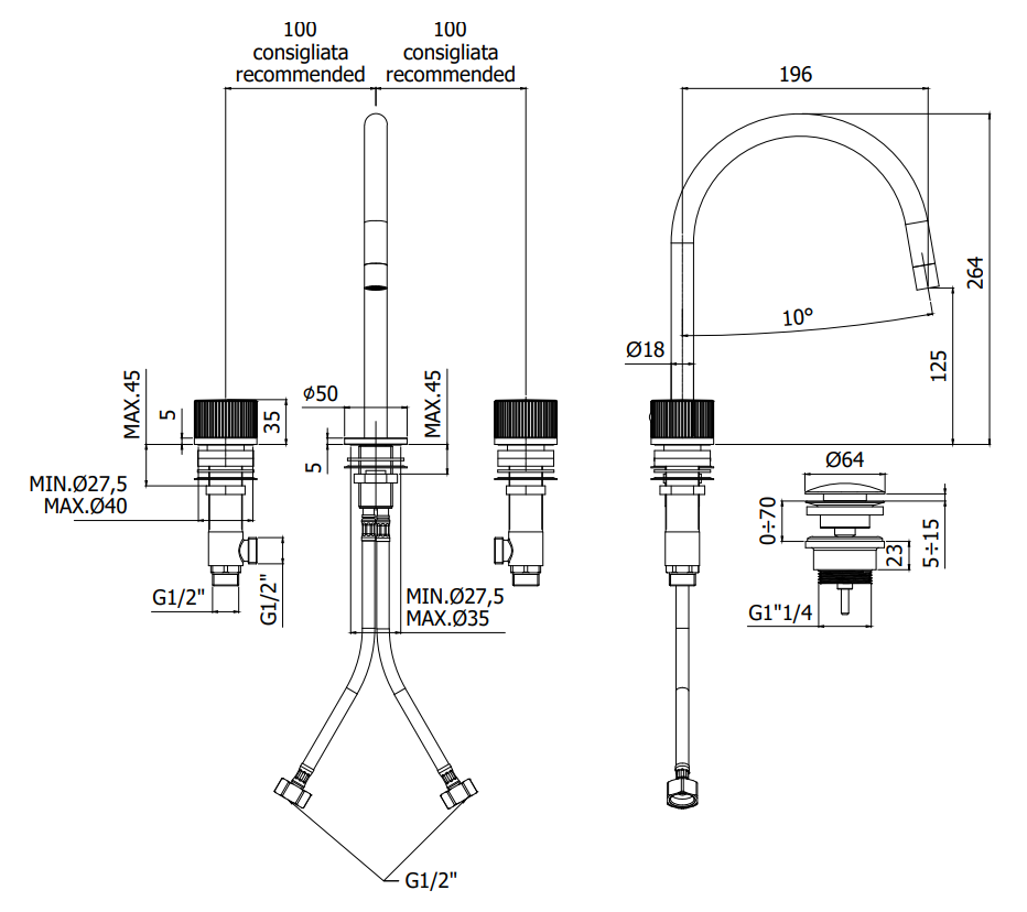 Paffoni Jo Jo053cr Batteria Lavabo 3 Fori Con Scarico Click, vista laterale del profilo e della forma