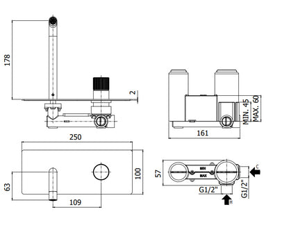 Paffoni Jo Jo105cr Miscelatore lavabo Incasso 2 Fori Con Piastra Rettangolare E Bocca 178 Mm Cromo