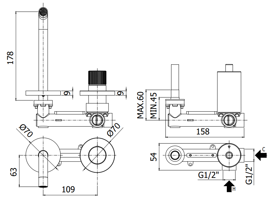 Paffoni Jo Jo105no70 Miscelatore lavabo Incasso 2 Fori, vista laterale del profilo e della forma