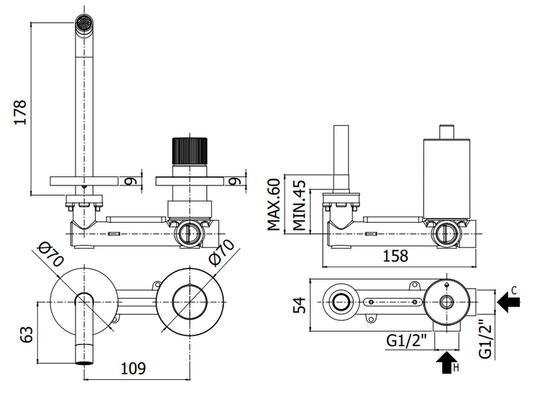 Paffoni Jo Jo105no70 Miscelatore lavabo Incasso 2 Fori, vista laterale del profilo e della forma