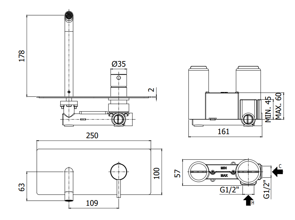 Paffoni Light Lig104cr Miscelatore lavabo Incasso 2 Fori, vista laterale del profilo e della forma