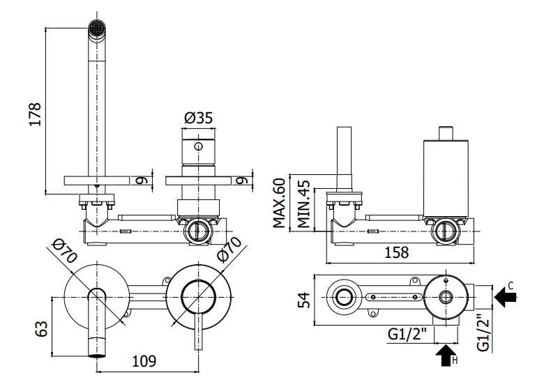 Paffoni Light LIG104CR70 Miscelatore lavabo Incasso 2 Fori, vista laterale del profilo e della forma