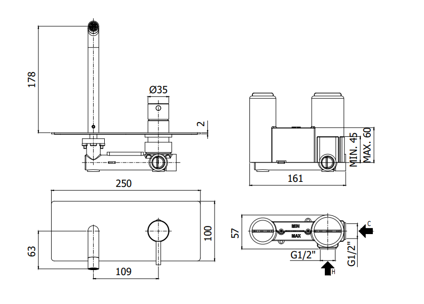 Paffoni Light Lig104no Miscelatore lavabo Incasso 2 Fori, vista laterale del profilo e della forma