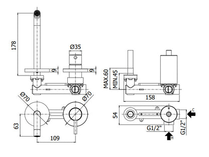 Paffoni Light Miscelatore lavabo Incasso 2 Fori Bocca 123 Mm Nero Opaco Lig104no70